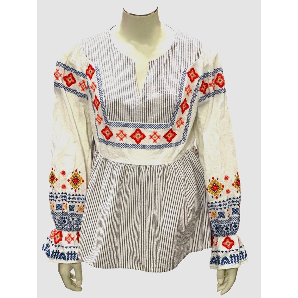 CCC Striped Bohemian Embroidered Long Sleeve Blouse V Neck Peplum Hem Coquette S